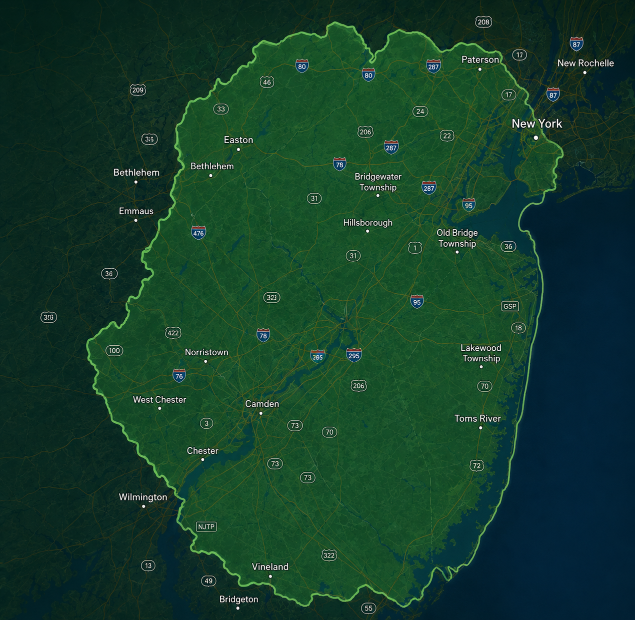 GEJ Solar service area covering New Jersey and the Philadelphia metro